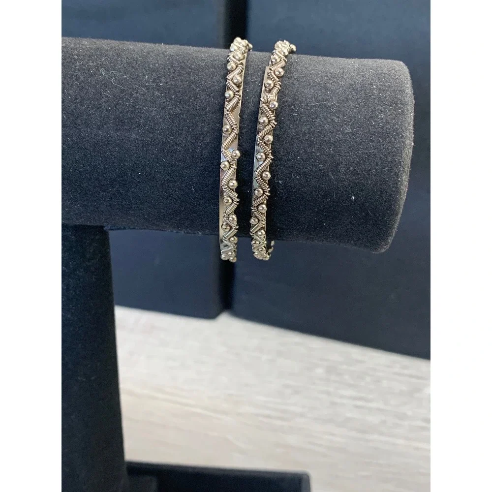 Silver Tone Ornate Twisted Wire Bead Bangle Bracelets Set of 2 Boho Ethnic 6.5